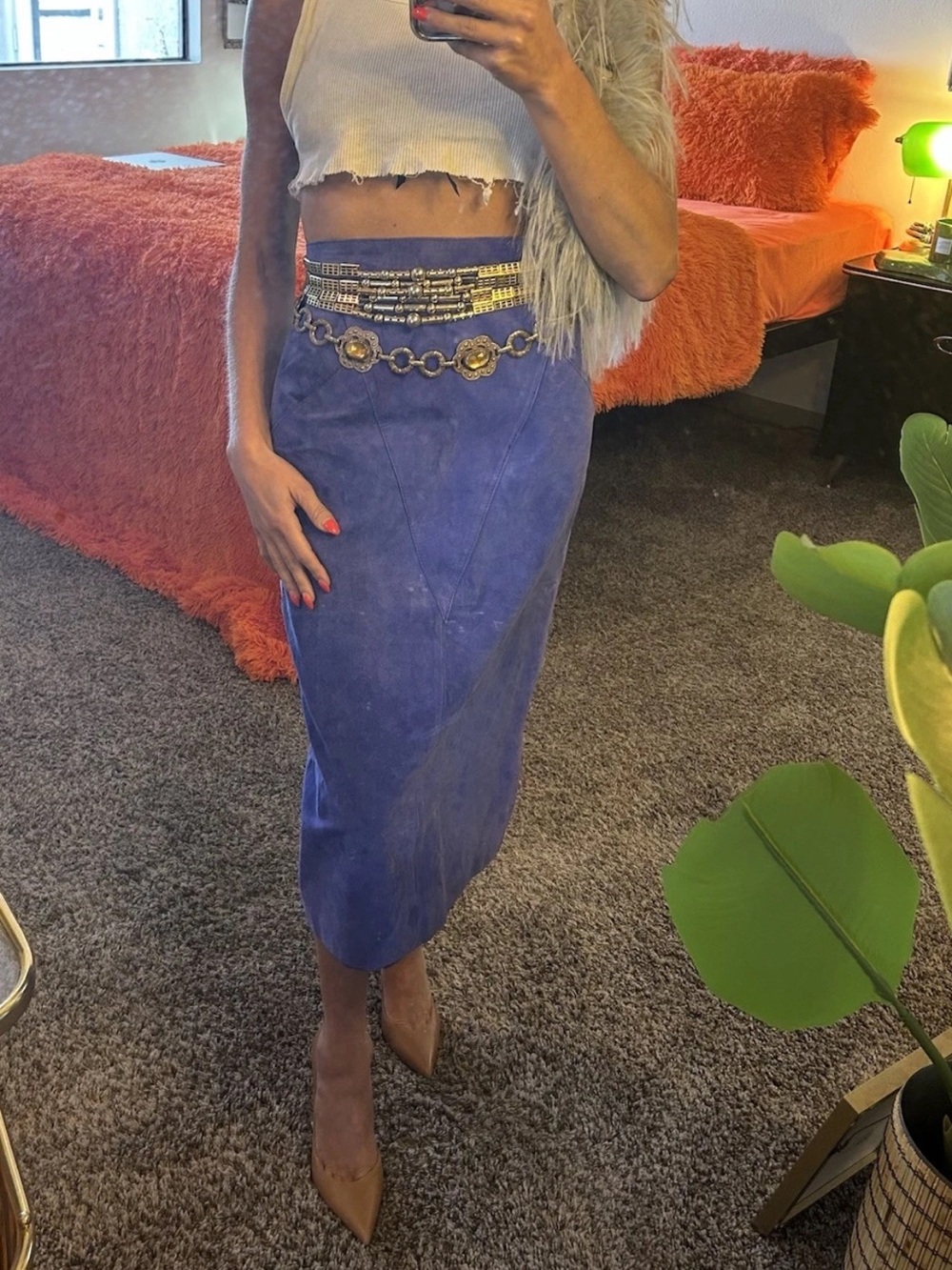 Vintage WINLIT Periwinkle Purple Suede Leather Midi Skirt Korea High Waist 7/8 - Picture 13 of 15